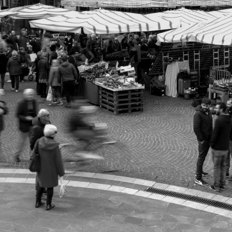 talking at open air market