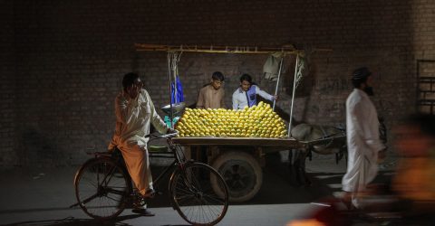 Street stall with mangoes and a cyclist