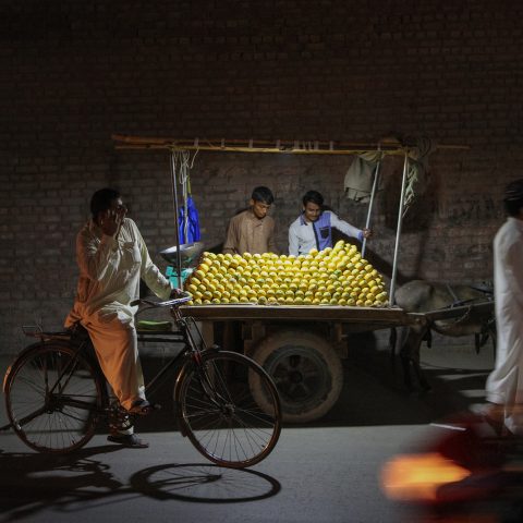 Street stall with mangoes and a cyclist