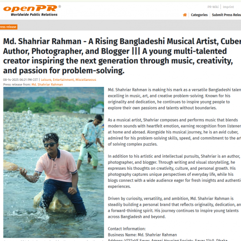 Md. Shahriar Rahman – A Rising Bangladeshi Musical Artist, Cuber, Author, Photographer, and Blogger ||| A young multi-talented creator inspiring the next generation through music, creativity, and passion for problem-solving.