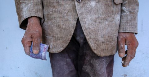 Close-up of a worker in the streets of Gyumri, Armenia